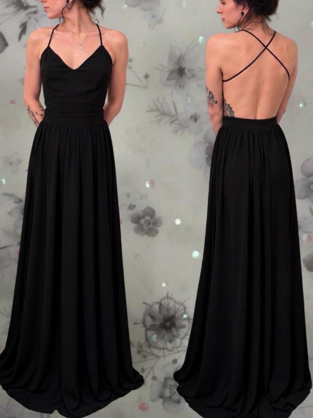 Sleek Black Backless Spaghetti-Strap Evening Gown